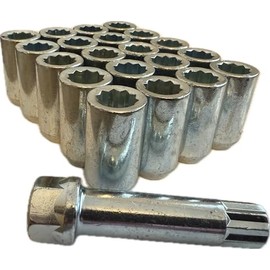 BIMECC Set of 20 Alloy Wheel Tuner Nuts with Tuner Key Compatible with Ford | Mazda | Honda | Kia | Suzuki - M12x1.5 Slim Lug Nuts - Taper - Silver - Slimline Nuts