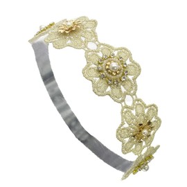 DivaDesigns Women's Floral Lace Crystal Bead Elastic Fashion Headband Beige