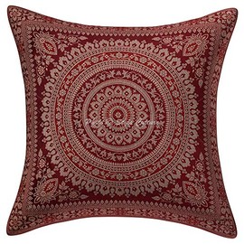 Stylo Culture Indian Decorative Boho Pillow Cushion Cover Maroon 16 Inch Gold Jacquard Weave 40 x 40 cm Brocade Bohemian Mandala Floral Zippered Bed Cushion Cover | 1 Pc