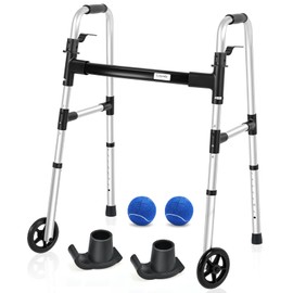 Loyoda Folding Walker with 2 Precut Tennis Balls, 5" Wheels Lightweight Walkers for Seniors and Adults, Supports Up to 350 Pounds, Adjustable Height, Compact Standard Walker