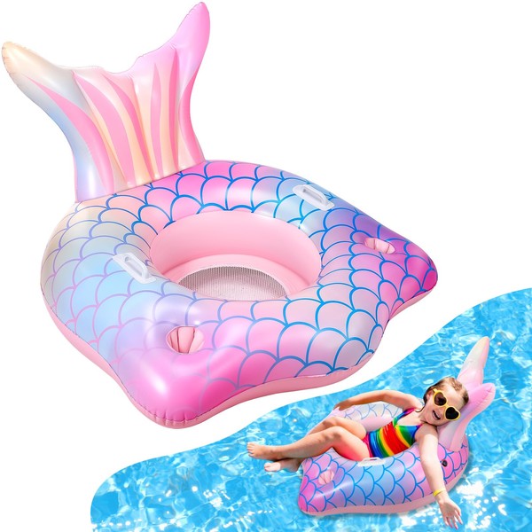 Mermaid Tail Inflatable Pool Float Chair with 2 Cup Holders,