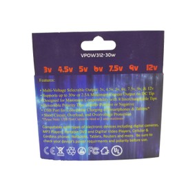 30w Universal Power Supply Reversible Polarity 3v-12v DC 30 watt 2.5 amp USB Port 8 Adapter Tips Center Tip Positive or Negative 5.5mm*2.5mm 5.0mm*2.1mm 3.5mm*1.35mm 4.0mm*1.7mm 2.35mm*0.7mm 1/8"