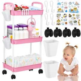 Ripeng 3 Tier Diaper Caddy Movable Baby Diaper Cart Diaper Storage Cart Newborn Essentials Cart Caddy Organizer Mobile Diaper Shelving Unit Cart for Baby Nursery Cart Changing Table(Pink)
