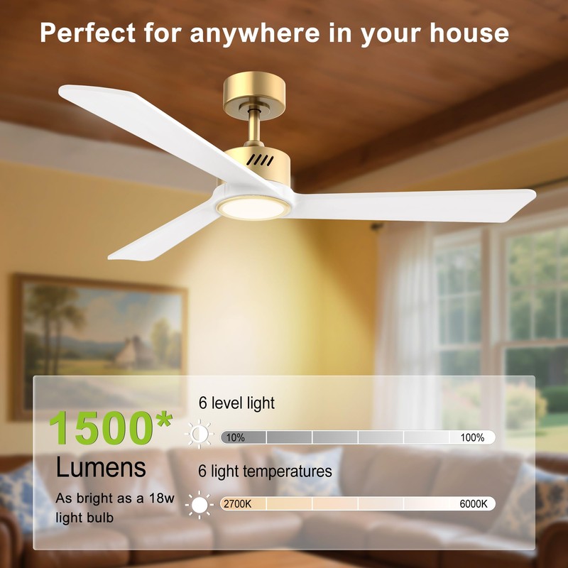 DAMINY Natural Solid Wood White and Gold 52 inch Ceiling