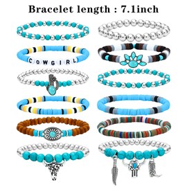 NEWITIN 12 Pieces Western Cowgirl Bracelets for Women Turquoise Bracelets Stackable Beaded Stretch Bracelet Bohemian Jewelry Gifts for Women