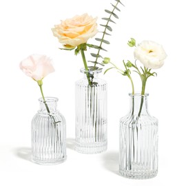 ComSaf Glass Bud Vases Set of 3, Small Flower Vases in Bulk, Mini Ribbed Vases for Centerpieces, Clear Vintage Vases for Table Decorations, Wedding, Party, Receptions, Home Decor (Different Sizes)
