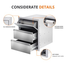 Outdoor Kitchen Drawers with Paper Towel Holder, 18" W x 23" H x 23" D 3-Layer BBQ Access Drawers, Stainless Steel Flush Mount BBQ Island Drawer for Outdoor Kitchen, Grill Station