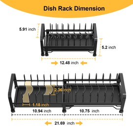 Webetop Small Compact Dish Drying Rack - Expandable 12.48" - 21.69" Narrow Dish Drying Rack - 15 Slot Mini Dish Racks for Small Kitchen Counter/RV/Camping, Detachable PP Drain Tray & Anti-Slip Feet