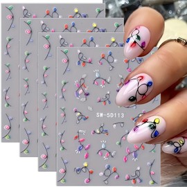 Christmas Light Nail Art Stickers Decals for Women Girls, 4 Sheets with 100+ 3D Christmas Light Designs - Self-Adhesive Festive Nail Art for Holiday Manicures