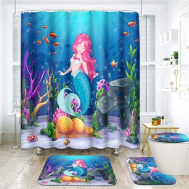 ArtSocket Mermaid Bathroom Set with Shower Curtain and Rugs Accessories, Kids Sea Girl Princess Beauty Shower Curtain for Bathroom Ocean Underwater World Bathroom Decor 4 Pcs
