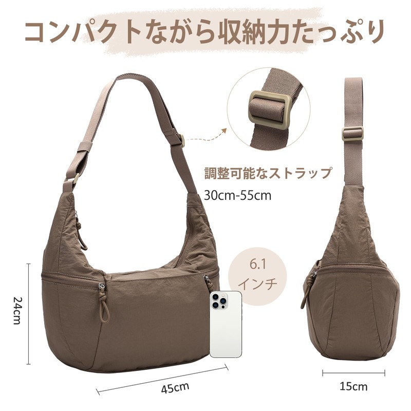 VASCHY Women's Shoulder Bag, Lightweight, Nylon, Crossbody Bag, 2-Way, Crescent-Shaped,