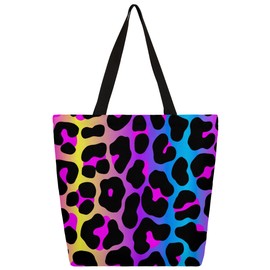 FengQuGou Canvas Tote Bag Rainbow Cheetah Leopard Large Women Casual Shoulder Bag Handbag Reusable Storage Multipurpose Heavy Duty Grocery Shopping Shoulder Bag for Gym Beach Weekender Travel Cotton