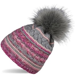 styleBREAKER 04024202 Women's Knitted Bobble Hat with Colourful Pattern Mix and Fleece Lining, Winter Fur Bobble Hat, Knitted Hat, Grey-Pink-Rose