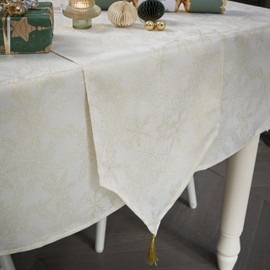 Celebright Christmas Tasselled Table Runner - 13 x 96 Inches (33 x 244 cm) - Ideal Xmas Dinner Table Decorative Settings - Metallic Blizzard Snowflake Embossed Design - Cream & Metallic Gold