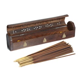 VR Angel Wooden Incense Stick Holder Storage Box With 10-15 Incense Sticks, Handmade Brown Coffin Box, Ash Catcher With Brass Inlay, Perfect for Any Occasion (Buddha Design)