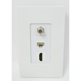 RiteAV Screwless Decorative 1 Gang Wall Plate (White/White) 3 Port - Coax (White) Cat6 (White) HDMI (White)
