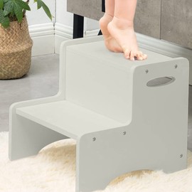 WOOD CITY Wooden Toddler Step Stool for Kids, Grey Two Step Children's Stool with Handles, Bonus Non-Slip Pads for Safety, Bathroom Potty Stool & Kitchen Step Stools Dual Height…