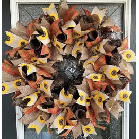 Beautiful Fall Thanksgiving Sunflower Deco Mesh Front Door Wreath, Door Hanger, Country Home, Farmhouse Decoration, Porch Sign
