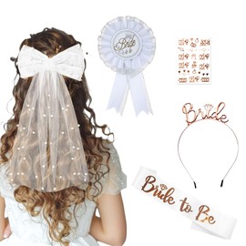 BelleVive 5 JGA Accessories Women's Veil Hen Party White Bride to Be Sash, Hen Party Sticker, JGA Decoration Women for Bachelor Party, Bridal Shower and Wedding Photography