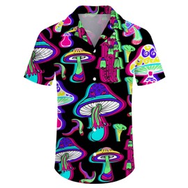 Men's 2 Piece Mushroom Hawaiian Shirt Shorts Button Down Rave Shirt and Shorts Sets with Bucket Hats 3X-Large