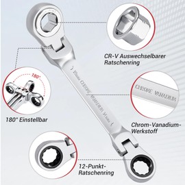 Gedlex 7 in 1 Ratchet Wrench 8 mm 10 mm 12 mm 13 mm 14 mm 17 mm 19 mm, 180° Flexible Ratchet Ring Spanner Ratchet CV-R Metric Ring Spanner Tool Ring Spanner, Abrasion-Resistant, Non-Slip