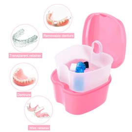 Keedolla Denture Cleaning Case Orthodontic Dental Retainer Container,Denture Holder Case Retainer Soaking Cups for Travel, Camping, Office - Pink