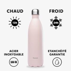 QWETCH - Isothermal Originals Bottle - Pastel Pink 1L - Nomadic Stainless Steel Bottle - 24h Cold and 12h Warm - Waterproof, BPA Free & Reusable
