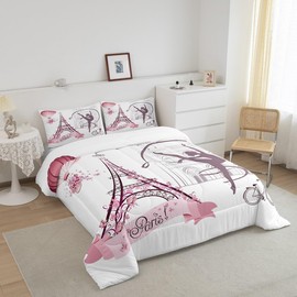 Paris Bedding Set Full, Gymnastics Comforter Set for Girls Women Kids Teens Adult, Pink Eiffel Tower Bedding Comforter Sets, Romantic Theme Down Comforter, Couple Valentine Bedroom Decor Duvet Set