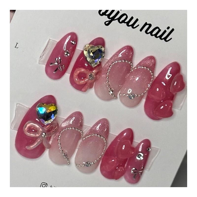 Shy Ribbon Heart Handmade Nail Tips - Coffin / 수줍은
