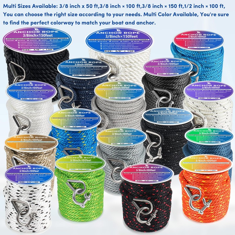Premium Anchor Rope 150 ft x 3/8 inch, Solid Braid