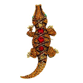 CYPINA Vintage Enamel & Crystal Red Stone Accent Champagne Brown Large Alligator Brooches Pins Dangerous Animal Jewelry