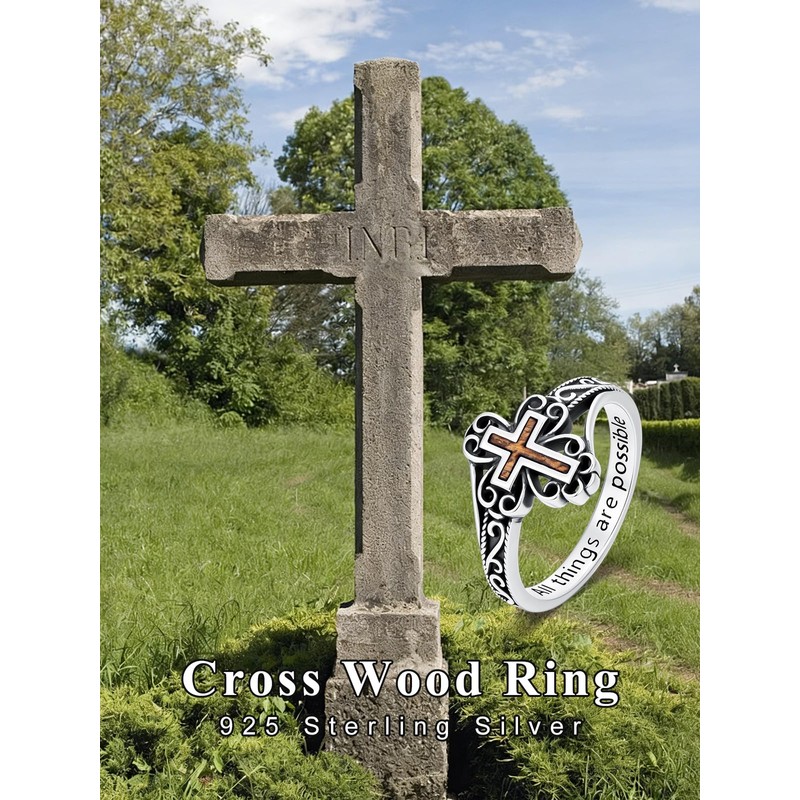 Lypic Cross Ring for Women 925 Sterling Silver Wooden Cross