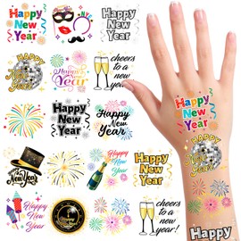 DPKOW Happy New Year Temporary Tattoos, 2025 New Year's Eve Party Supplies, Waterproof New Year Fake Tattoo Stickers 2025 New Year's Eve Party Favors for Kids Adults, 2025 New Year's Eve Decorations