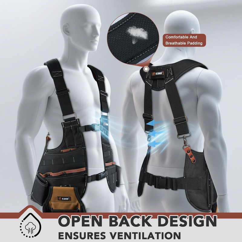 KUNN Leather Tool Vest for Men – Adjustable 37-Pocket Work