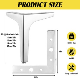Eumtenr 4 Pcs 7 Inch Metal Furniture Legs, Modern Style Furniture Sofa Legs Metal Polished Chrome Triangle Feet for Table Cupboard Sofa Couch Chair DIY Replacement Feet - with Rubber Floor Protectors
