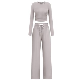 PINSPARK 2 Piece Sets for Women Crewneck Cropped Tops Drawstring Straight Leg Pants Stretchy Travel Outfit Lightweight Lounge Wear, Light Grey Large