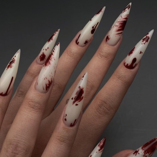 Brishow 24 Pieces Fake Nails Halloween Decorations Press on Nails with Blood Ballerina Acrylic Stick On Nails Pointed False Nails for Women and Girls