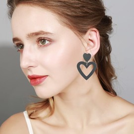 Acrylic Double Heart Earrings Y2K Neon Love Heart Drop Dangle Earrings for Women Candy-colored 80's 90's Costume Party Jewelry Valentine's Day Mother's Day Jewelry(Black)