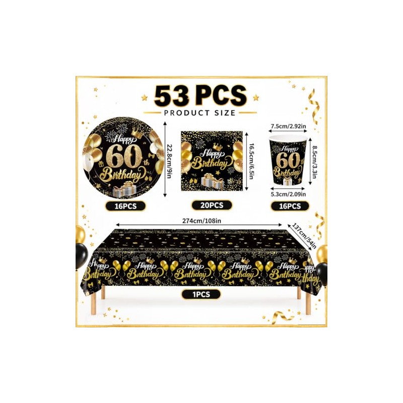 AURALIN 60th Black Gold Birthday Party Tableware Set 53P for