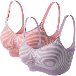 Dress Cici Stripe Shrimp Red +Stripe Purple Hands Free Breastfeeding Nursing Bra for Large Breast, Front Clip Maternity Pregnancy Bras Asia Size XL, 2 Pack