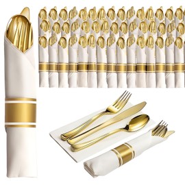 Neatiffy 50 Pack Disposable Gold Plastic Silverware Set, Pre Rolled Napkin and Cutlery Set with 50 Forks, 50 Knives, 50 Spoons, 50 Napkins, Utensils, Silverware for Parties, Weddings and Birthdays