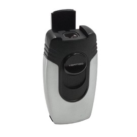 F.e.s.s. Goliath Quad Torch Lighter with Fold-Out Cigar Punch – Metal Body, Large Fuel Tank, Adjustable Flame, Free Standing Butane Lighter – Gift Boxed by Lotus Vertigo (Brushed Chrome & Black)