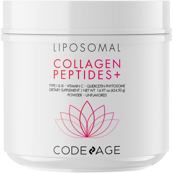 Codeage Liposomal Collagen Peptides Powder + Vitamin C & Quercetin Phytosome, Phospholipid Complex, Grass-Fed Pasture-Raised Hydrolyzed Collagen Type I & III Supplement All-in-One, Non-GMO, 14.97 oz
