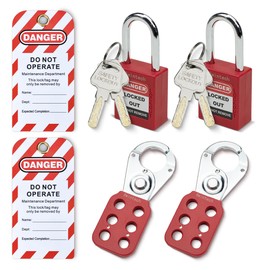 Bwintech 2 Piece 38mm Safety Padlock Set with Key Red Steel Carabiner Hook and Loto Tag Safety Plate