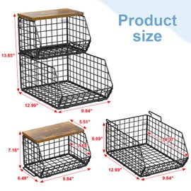 X-cosrack 2-Tier Stackable Wire Baskets for with Wood Lid, Wall Hanging Baskets for Potato and Onion Storage, Fruit Basket for Kitchen Counter, Metal Baskets for Snack Produce Cans