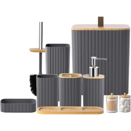 9-Piece Grey Bathroom Accessories Set Includes Toilet Brush Holder Soap Dispenser Decorative Countertop Trash Can forcolor: Complete set-grey