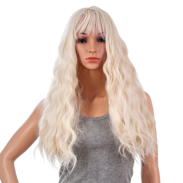 SWACC 26-Inch Women Long Wave Curly Synthetic Hair Full Wig with Wig Cap (Platinum Blonde)