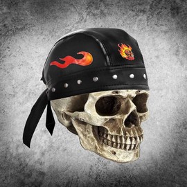 Skull Flame Punk Headband Du Doo Do Rag Hat Men's Rivet Hat with Flame Gloves -  Color: With Rivet and Gloves