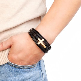 YL Mens Cross Leather Bracelet Stainless Steel Black Bracelet Multi-Layer Bangle Wrap Jewelry