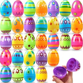 JOYIN 30 Pcs 3.15Inch Printed Plastic Eggs Colorful, Fillable Empty Eggs Bulks for Easter Hunt Event, Basket Stuffers Fillers, Classroom Prize Supplies, Filling Treats and Party Favor - Number of: 18